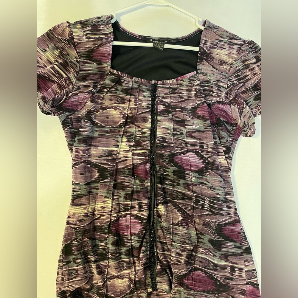 Susan Lawrence Purple and Black Square-Neck Short Sleeve Blouse